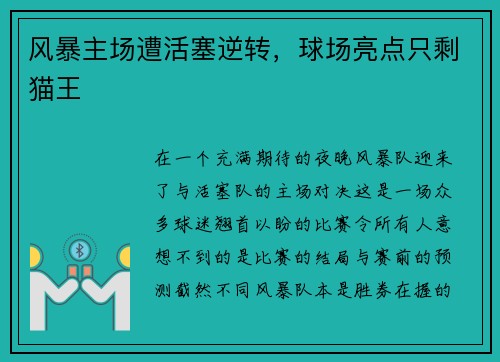 风暴主场遭活塞逆转，球场亮点只剩猫王