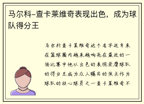 马尔科-查卡莱维奇表现出色，成为球队得分王